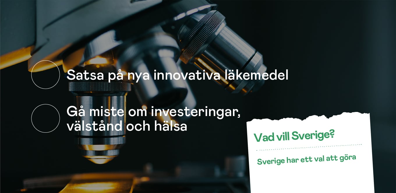 Två val; "Satsa på innovation av läkemedel i Sverige" respektive "Gå miste om investeringar, välstånd och hälsa"