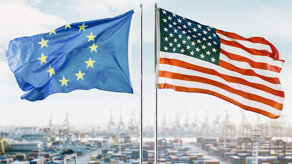EU-flagga och Amerikansk flagga vajar över containers